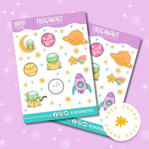 Folha de adesivos para planejador de astronauta sapo-decoração de planetas e estrelas do espaço exterior Kawaii para organização galáctica fofa e álbum de recortes