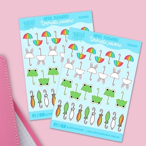 Hoja de pegatinas kawaii para planificador de paraguas: paraguas de rana y conejo con lluvia de abril, pegatinas lindas de lluvia de primavera, pegatinas para diario, pegatinas del clima