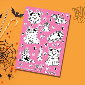 Stickervel kawaii vampiermeisje kleurplaat halloween | 5 x 7 spookachtige leuke plannerstickers | Handgetekend en zelf ingekleurd
