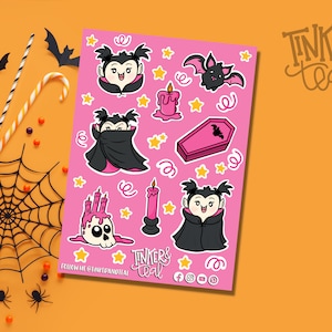 Kawaii Halloween Vampire Girl Sticker Sheet | 5x7 Spooky Cute Planner Stickers | Hand-Drawn & Unique Designs