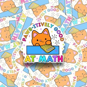 Pawsitively goed in wiskunde sticker | Kawaii kat met rekenmachine | Handgetekende schattige wiskundesticker voor planners en studenten