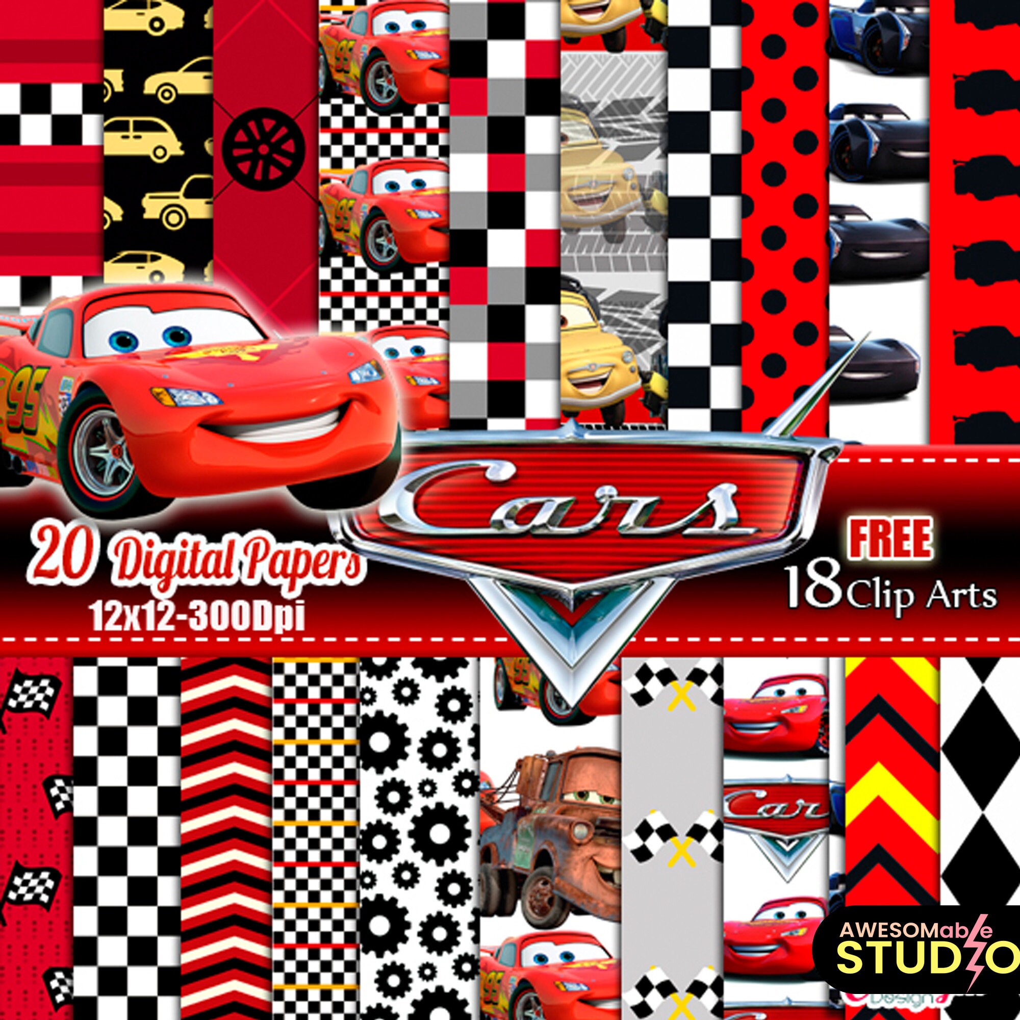 Disney Cars 3, 2, 1 Digital Paper. Instant Download, Scrapbooking, Pi…