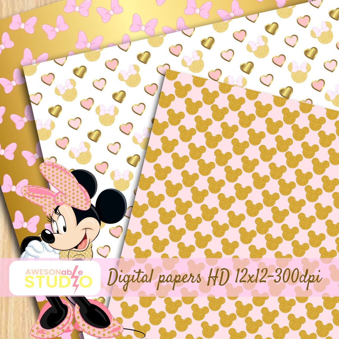 Minnie Mouse Gold pink digital paper FREE Clip art Gold | Etsy