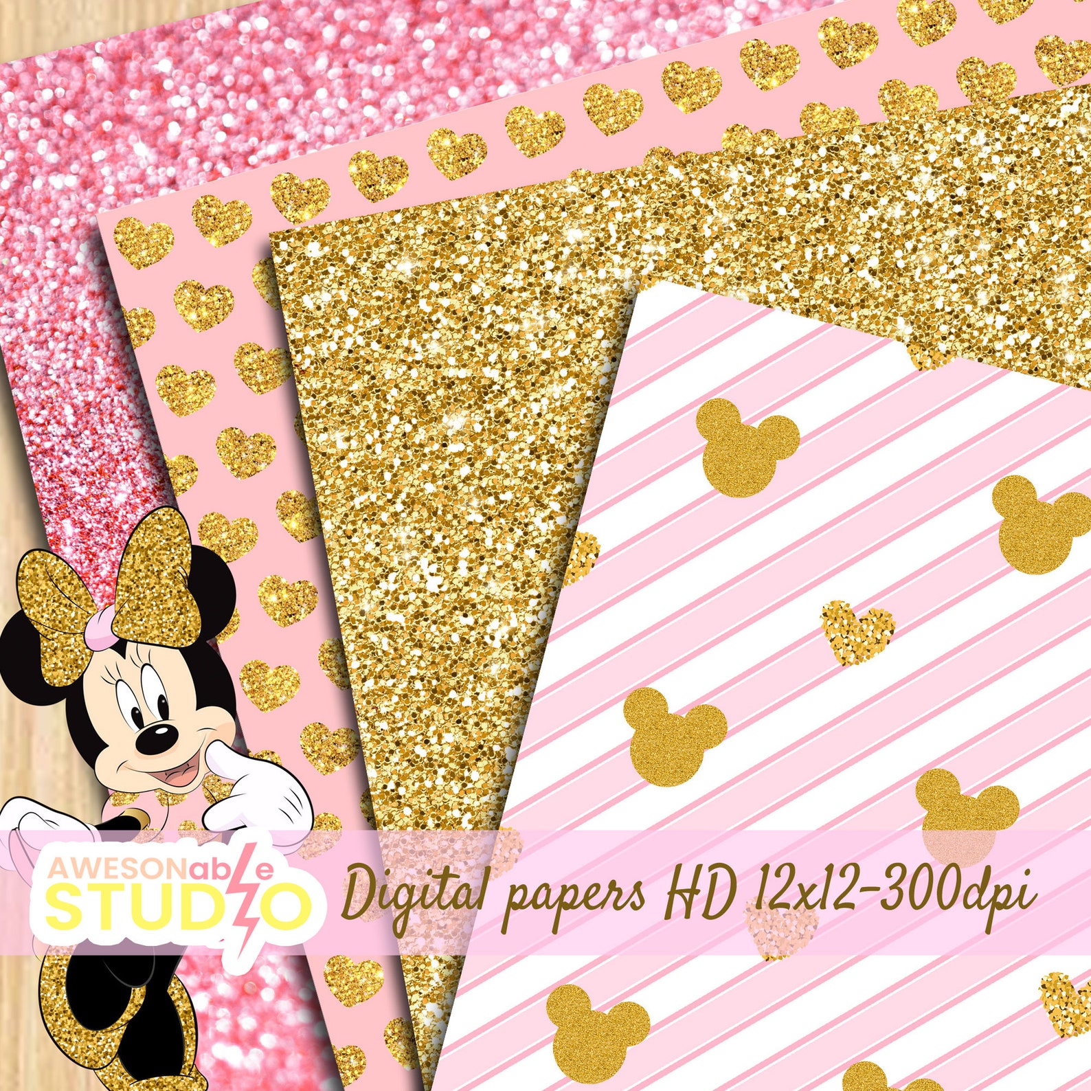 Minnie Mouse Gold pink digital paper FREE Clip art Gold | Etsy