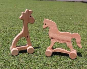 Set of 2 Wooden Animal Push Toys|Birthday Gift For Kids|Wooden Horse and Giraffe|Grasping Toy|Miniature Animals|Montessori Toy|Waldorf Toy