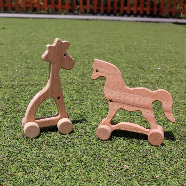 Set of 2 Wooden Animal Push Toys|Birthday Gift For Kids|Wooden Horse and Giraffe|Grasping Toy|Miniature Animals|Montessori Toy|Waldorf Toy