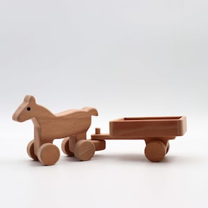 Houten speelgoed paardenkoets|Aangepast houten speelgoed paard met aanhanger|Decoratie paard kinderkamer|Houten duwspeelgoed|Boerderijdieren speelgoed|Verjaardagscadeau voor kinderen