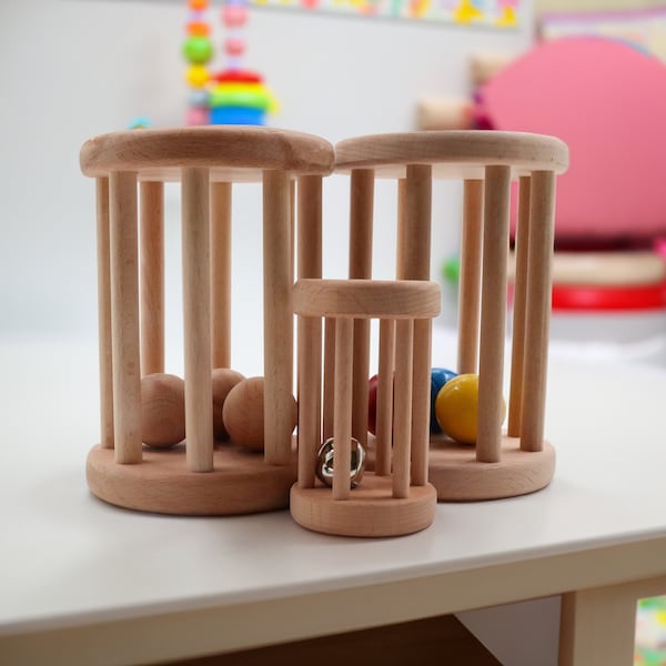 Cylindre à billes en bois | Hochet roulant Montessori | Jouet pour bébé biologique coloré | Hochet pour bébé | Cylindre de cloche pour enfants | Cadeau de baby shower en bois sûr