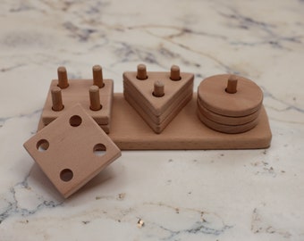 Geometric Wooden Educational Toy|Montessori Natural Wooden Toy|Learning Waldorf Toy|Geometric Puzzle for Kids|Handmade Wooden Learning Toy