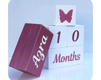 Set of 5 Custom Wooden Cube|Baby Age Wooden Blocks|Wooden Letter Name Block|Wooden Nursery Kid Name Sign|Wood Baby Shower Gift|New Mom Gift