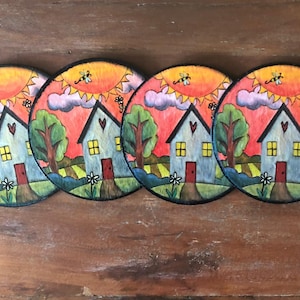 Set of 4 Hand Painted Coasters|Custom Handmade Wooden Decor|Drink Coaster|Unique New Home Gift|Original Cute Home Decor|Stylish Gift For Mom