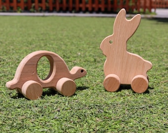 Set of 2 Organic Wood Animal Toys|Wooden Rabbit and Turtle Toy|Grasping Toy|Miniature Animals|Birthday Gift|Natural Toddler Toy Gift For Kid