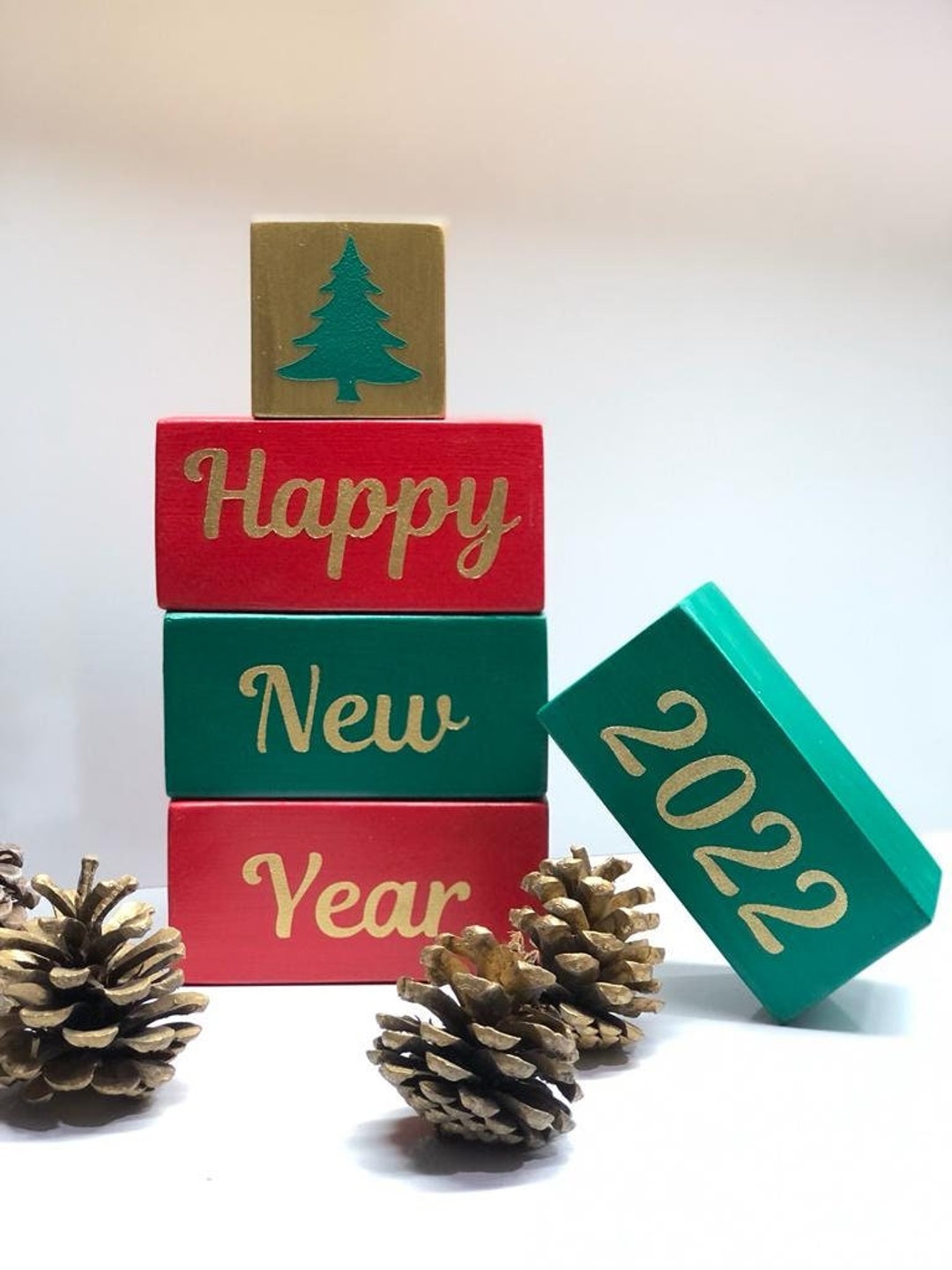 Set of 5 Wooden Christmas Blockshand Painted Happy New Year Blocksmerry