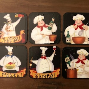 Set of 6 Wooden Chef Coasters|Handmade Chef Themed Coaster Set|Crazy Chef&#39;s Coasters|Fat Chef Gifts|Unique New Home Gifts|Cute Home Decor
