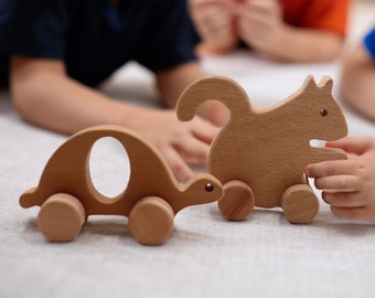 Natural Wood Turtle and Squirrel Push Toy Set|Handcrafted Kids Toys|Eco-Friendly Nursery Decor|Creative Kids Toys|Perfect Gift for Kids