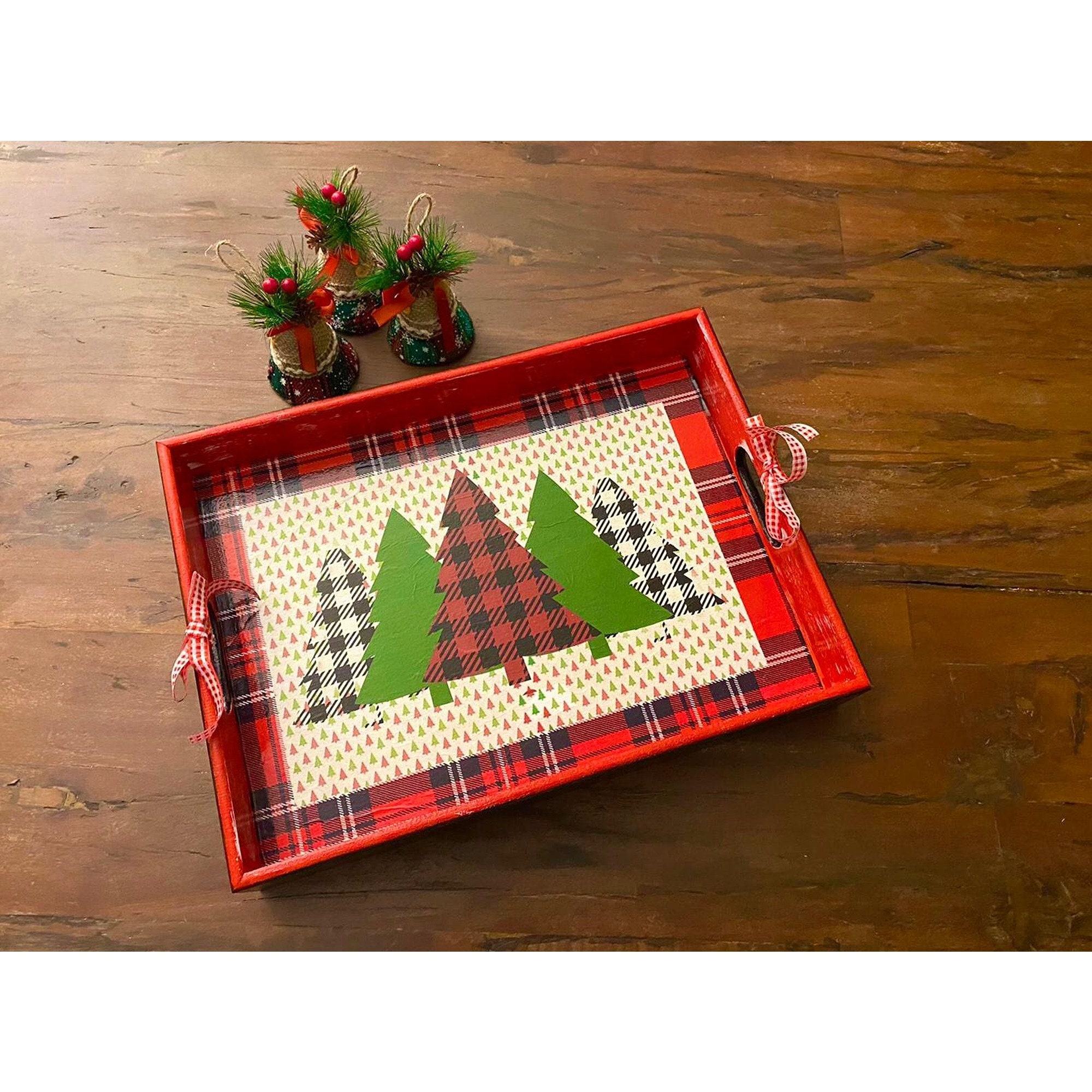 Set of 2 16-inch Nested Wood Trays w/Metal Handles and Christmas Trees -  One Holiday Way