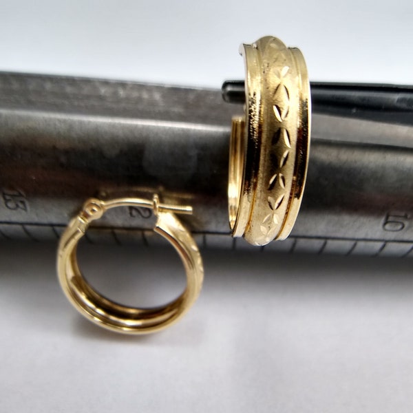 14K Yellow Gold Vintage Hoops with Florentine Finish and Engraving