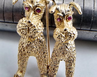 14K Yellow Gold Vintage Double Poodle Brooch