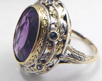 14K Yellow and White Vintage Circa 1920's Amethyst and Sapphire Ring