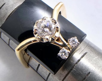 14k Yellow Gold Vintage Unique Rectangular Onyx and Diamond Ring