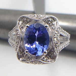 10k White Gold Vintage Style Tanzanite and Diamond Ring