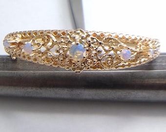 14K Yellow Gold Vintage Filagree and Opal Cabochon Bracelet