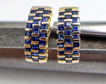 14K Yellow Gold Vintage Bar Set Square Sapphire Earrings