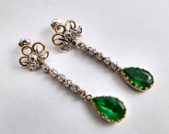 Victorian 18k Gold Silver Drop Earrings, Rose Cut Diamonds & Emeralds