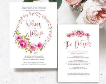 Calligraphy Classic Romantic Invitation, Pink Floral Wedding Invitation