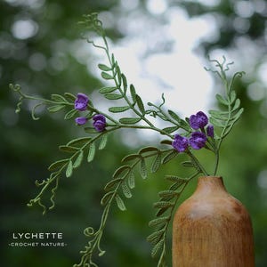 May include: A wooden vase holds a crocheted floral arrangement with purple flowers and green leaves. The vase is a warm brown color, and the crochet work is detailed. The background is a blurred green, suggesting an outdoor setting. The text "LYCHETTE -CROCHET NATURE-" is visible.