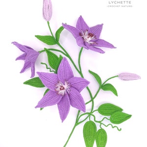 Puede incluir: Un ramo de flores de clematis de ganchillo con flores moradas y hojas verdes. El ramo est&aacute; sobre un fondo blanco. El texto "Clematis Lychette -Crochet Nature- " est&aacute; en la parte superior de la imagen.
