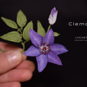 Puede incluir: Una flor de clem&aacute;tide de color p&uacute;rpura hecha a crochet con hojas verdes y un capullo. La flor se sostiene en una mano. El texto "Clematis" y "LYCHETTE - CROCHET NATURE." es visible en la imagen.