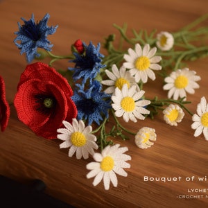 Crochet Flower Pattern for Bouquet of Wild Flowers Poppy, Cornflower and Chamomile image 4