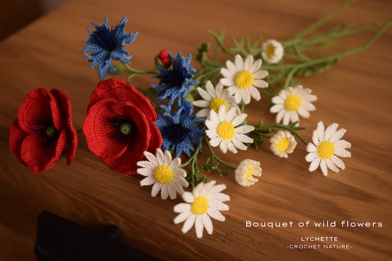 Crochet Flower Pattern for Bouquet of Wild Flowers Poppy, Cornflower and Chamomile image 4