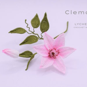 Puede incluir: Una flor de clematis rosa hecha a crochet con hojas verdes. La flor es delicada e intrincada, con un centro detallado. Las hojas tambi&eacute;n est&aacute;n hechas a crochet y tienen una textura realista. La flor est&aacute; etiquetada como "Clematis" y "LYCHETTE -CROCHET NATURE-."