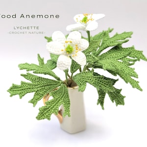 May include: A crocheted bouquet of white wood anemones with green leaves in a white vase. The bouquet is labelled "Wood Anemone" and "LYCHETTE -CROCHET NATURE-."
