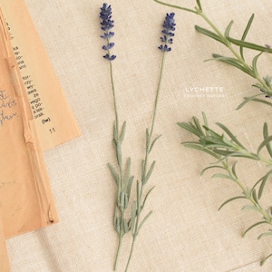 May include: Two sprigs of lavender with purple flowers and green leaves, and a sprig of rosemary with green leaves, all on a beige linen background. The text "LYCHETTE CROCHET NATURE" is visible in the bottom right corner.