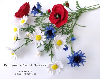 Crochet Flower Pattern for Bouquet of Wild Flowers (Poppy, Cornflower and Chamomile)