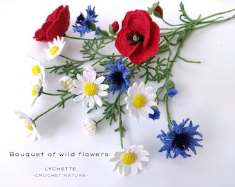 Crochet Flower Pattern for Bouquet of Wild Flowers (Poppy, Cornflower and Chamomile)