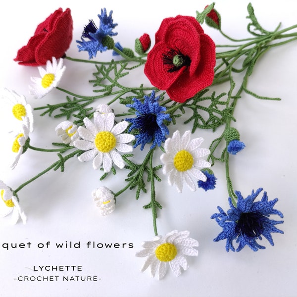 Crochet Flower Pattern for Bouquet of Wild Flowers (Poppy, Cornflower and Chamomile)