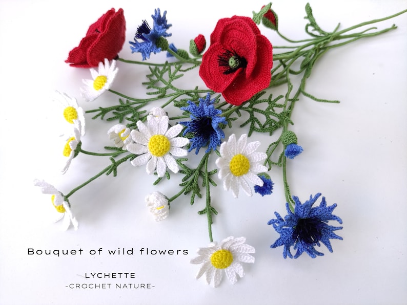 Crochet Flower Pattern for Bouquet of Wild Flowers Poppy, Cornflower and Chamomile image 1