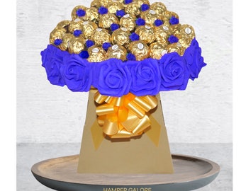 Personalised Hamper Bouquet Ferrero Rocher Blue Gift Box Lindt Birthday Sweet Candy Present Bouquet Flower Rose