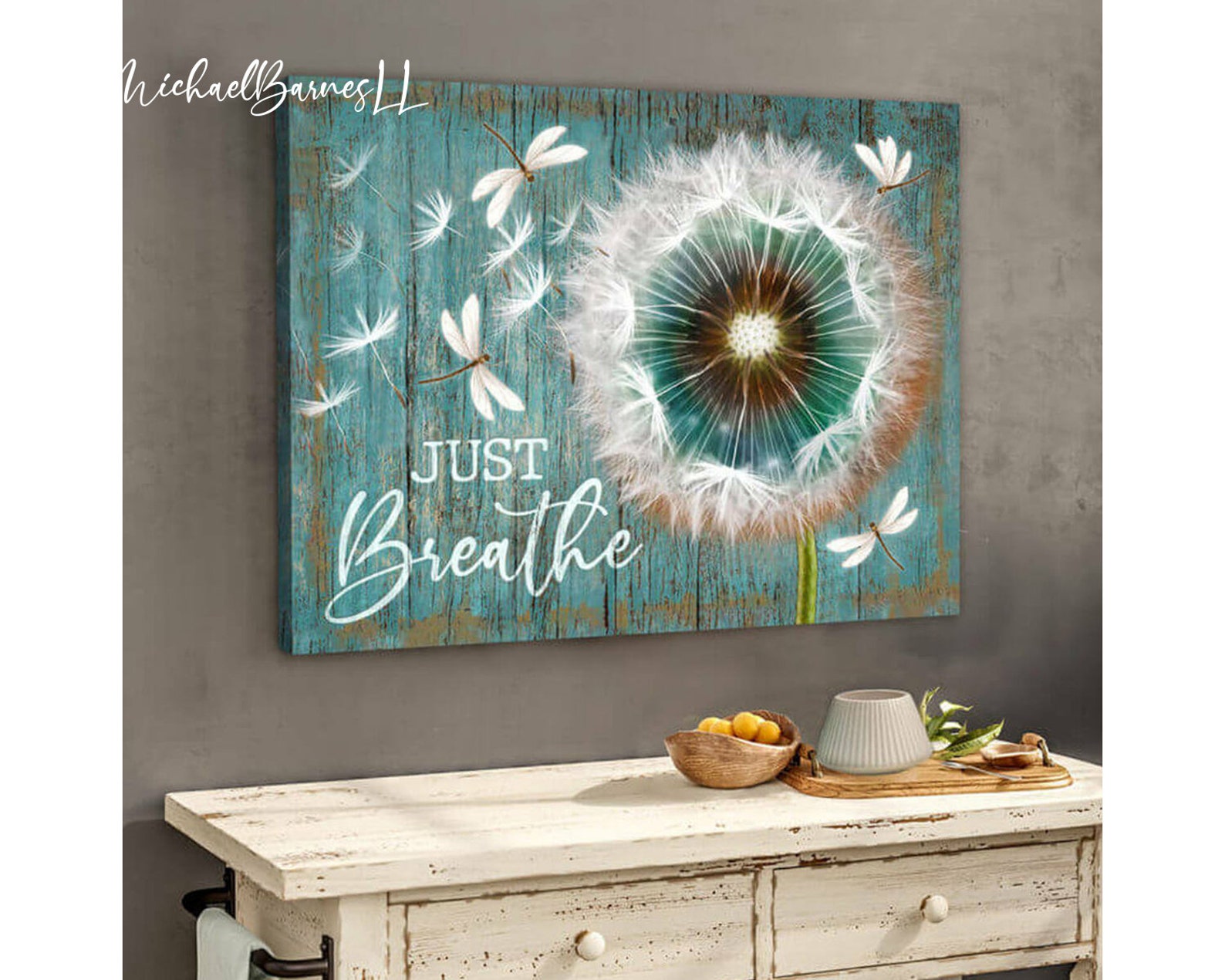 Teal Dandelion Wall Art Painting Dragonfly Canvas Just Etsy