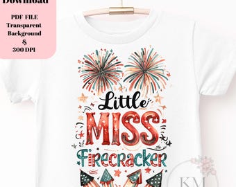 Little Miss Firecracker PNG | 4th of July Girl Shirt Design | Retro Patriotic Sublimation for Youth | Independence Day Fireworks