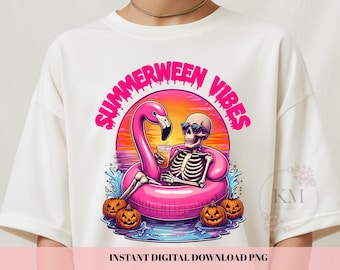 Summerween Vibes Skeleton PNG | Halloween Flamingo Float Digital Download | Spooky Season Beach Skeleton Shirt Graphic