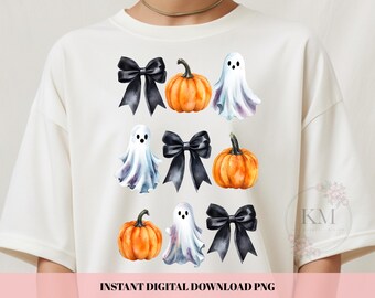 Coquette Halloween PNG | Black Bows Ghost Pumpkin Shirt Design | Spooky Cute Aesthetic Sublimation | Halloween Graphic Tee