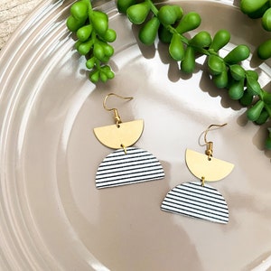 Fine Stripes Black & White Earrings| Semi-Circle Brass| Genuine leather + Brass| Nickel Free