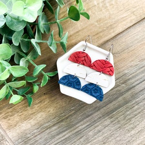 Red White & Blue Semi Circle Genuine Leather| Stacked Earrings| Lightweight| Stainless Steel| American Collection