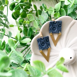 Navy Honecomb Leather + Triangular Brass| Genuine Leather Earrings| Nickel Free Hardware