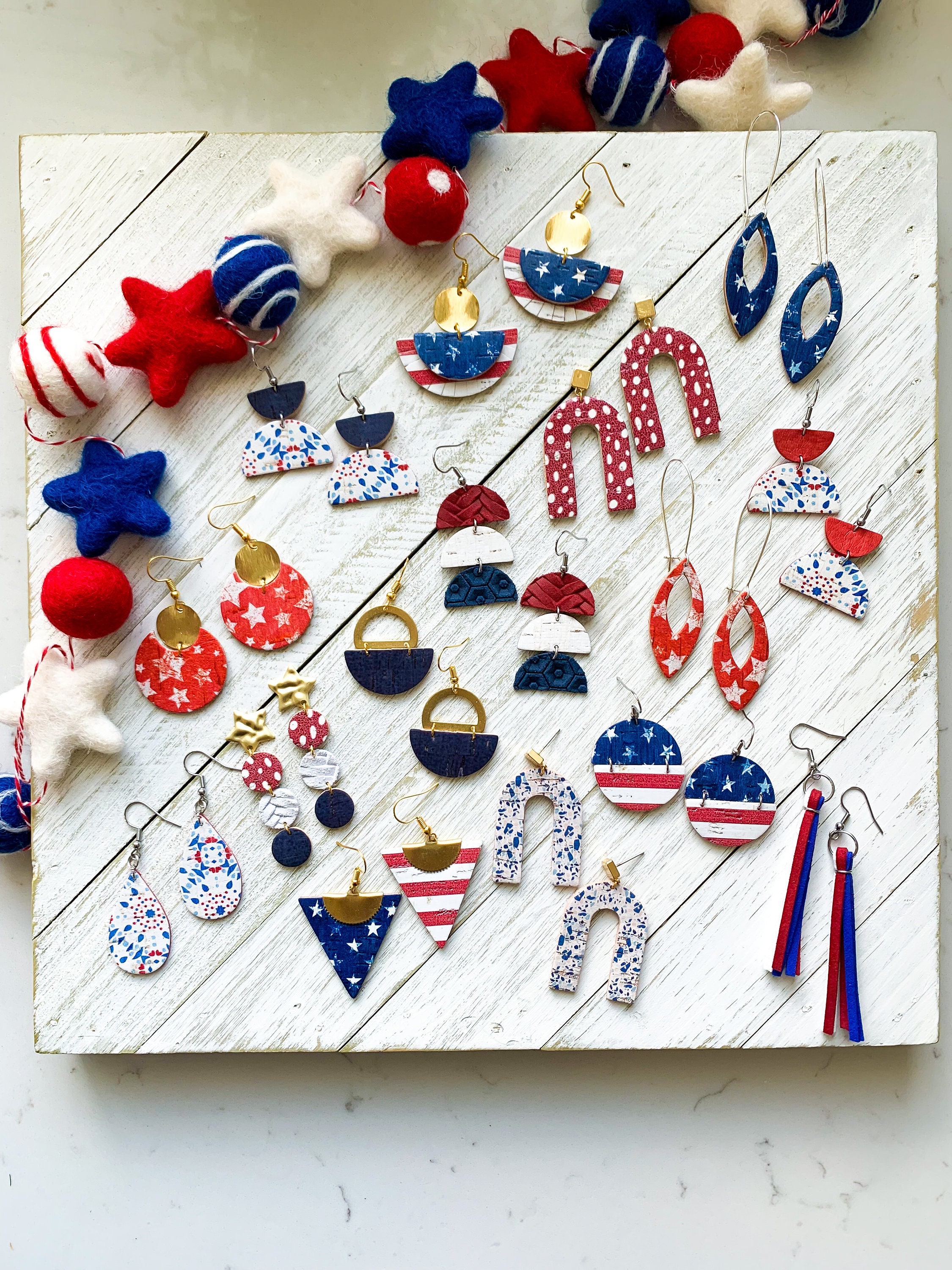 Red White & Blue Semi Circle Genuine Leather| Stacked Earrings